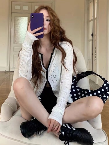 HUAX Retro Color-blocked Laced Knit Cardigan for Women - Early Autumn Fitted Slimming Long-sleeved Outerwear Top