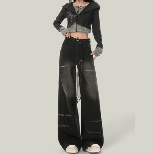Black High-Waisted Wide Leg Women's Jeans 2025 Autumn/Winter New Fashion Bold Girl Design Sense American Loose Floor-Length Pants