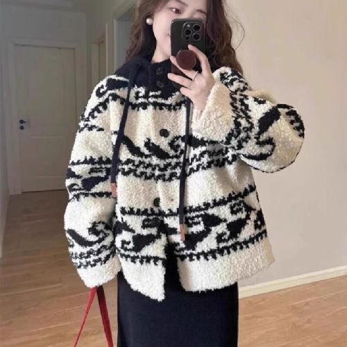 2025 New Short Person High-End Lamb Wool Fleece Thick Women's Autumn/Winter Hooded Loose Top