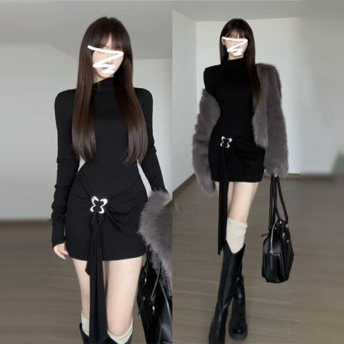 2025 Winter New Women's Inner Short Skirt Empress Hot Girl Long Sleeve Waist Cinching Half High Collar Black Bodycon Dress
