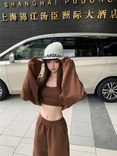 Photo-shoot! Spicy girl stylish set short crop top U-neck zip-up long-sleeve jacket casual pants three-piece set trendy