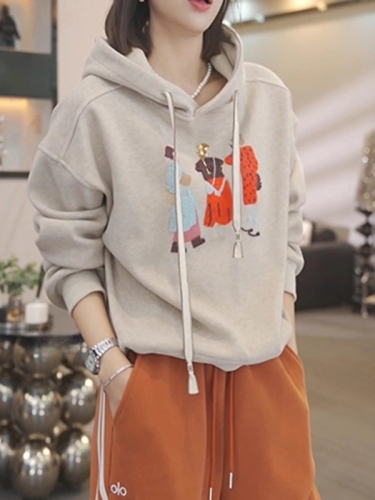 Women's Thick Fleece Hooded Sweatshirt with Long Sleeves, Loose Fit, Slimming Design, Large Size Korean Style, Warm for Autumn/Winter 2025