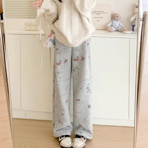 Thin-lined Fleece-lined Cotton Composite American Graffiti Print Women's Autumn/Winter Fleece Wide-leg Pants