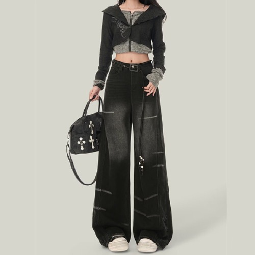 Black High-Waisted Wide Leg Women's Jeans 2025 Autumn/Winter New Fashion Bold Girl Design Sense American Loose Floor-Length Pants