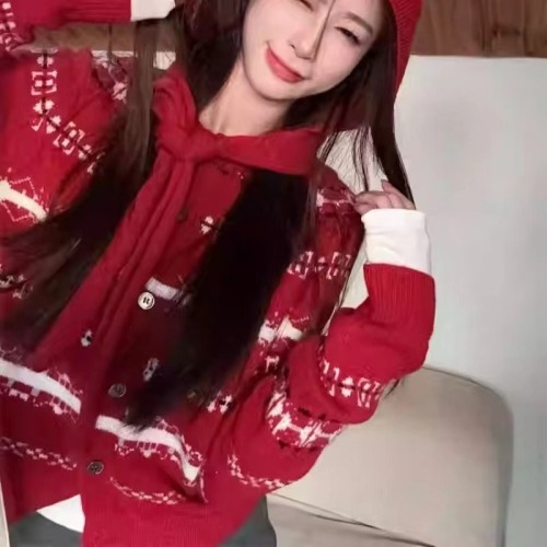 Santa New Year Outfit Fair Isle Hooded Sweatshirt Coat for Women Autumn/Winter Retro Red Casual Versatile Knit Top