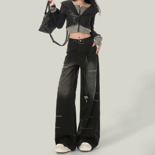 Black High-Waisted Wide Leg Women's Jeans 2025 Autumn/Winter New Fashion Bold Girl Design Sense American Loose Floor-Length Pants
