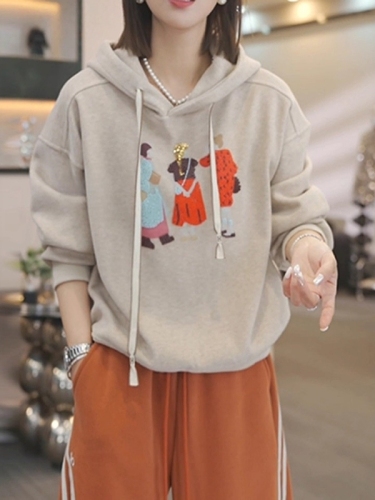 Women's Thick Fleece Hooded Sweatshirt with Long Sleeves, Loose Fit, Slimming Design, Large Size Korean Style, Warm for Autumn/Winter 2025