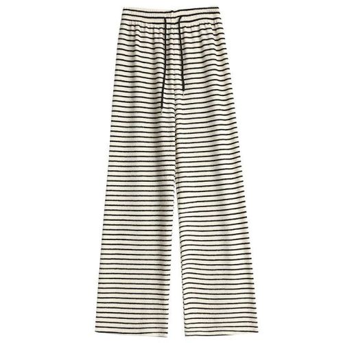 Pocketed Black and White Striped Towel Pants for Women - Autumn/Winter Fleece - Korean Style Loose and Flowy Casual Pants