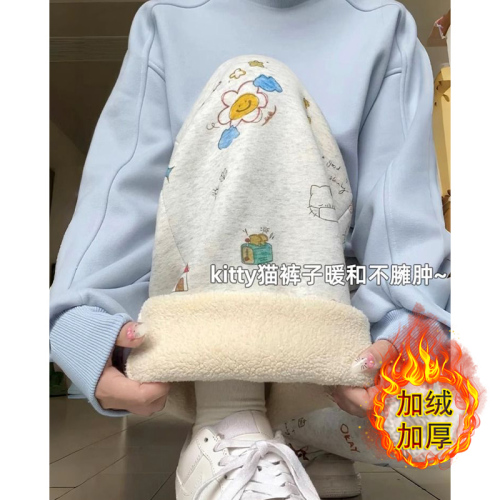 Thin-lined Fleece-lined Cotton Composite American Graffiti Print Women's Autumn/Winter Fleece Wide-leg Pants