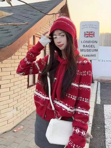 Santa New Year Outfit Fair Isle Hooded Sweatshirt Coat for Women Autumn/Winter Retro Red Casual Versatile Knit Top