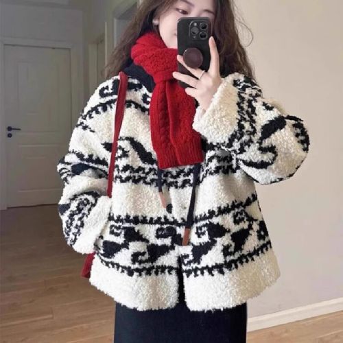 2025 New Short Person High-End Lamb Wool Fleece Thick Women's Autumn/Winter Hooded Loose Top