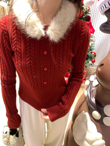 Removable fur collar knitted sweater for women, winter short sleeve, pure color, Korean style, soft and slimming, long sleeve, waist-cinching top