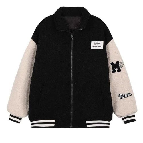 Winter New Lambswool Coat for Women, Patchwork Contrasting Colors, Petite-Fit, Loose-Fit, Fleece-Lined and Thickened Baseball Jacket, Cotton Padded Coat for Students
