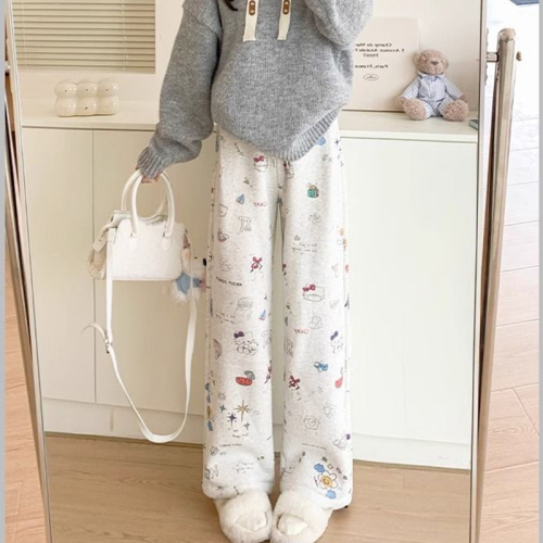 Thin-lined Fleece-lined Cotton Composite American Graffiti Print Women's Autumn/Winter Fleece Wide-leg Pants