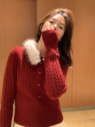 Removable fur collar knitted sweater for women, winter short sleeve, pure color, Korean style, soft and slimming, long sleeve, waist-cinching top