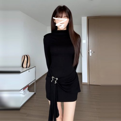 2025 Winter New Women's Inner Short Skirt Empress Hot Girl Long Sleeve Waist Cinching Half High Collar Black Bodycon Dress