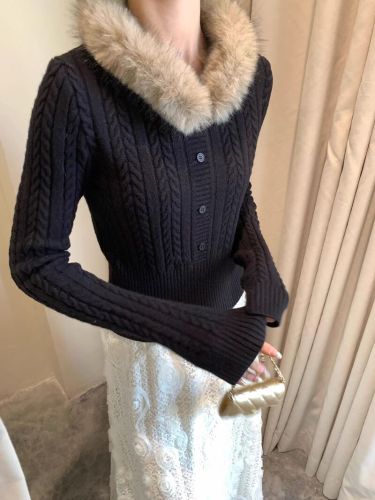 Removable fur collar knitted sweater for women, winter short sleeve, pure color, Korean style, soft and slimming, long sleeve, waist-cinching top