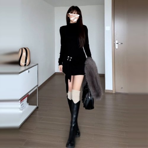 2025 Winter New Women's Inner Short Skirt Empress Hot Girl Long Sleeve Waist Cinching Half High Collar Black Bodycon Dress