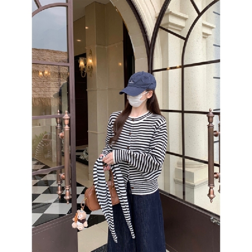 Photographed Autumn/Winter Korean Style Color Block Striped Shawl Cardigan Loose and Thick Round Neck Knit Sweater Women's Outerwear