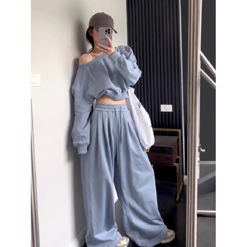 Gold Brilli Official Drawing + Original Version Quality Off-the-Shoulder Sweatshirt + Wide Leg Pants Loose Youthful Two-Piece Set