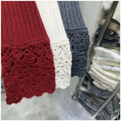 Designer Hollowed-Out Lace-Cuffed Knit Sweater for Women—Stylish, Age-Defying, Slim-Fit Base Layer with Mock Neck Top