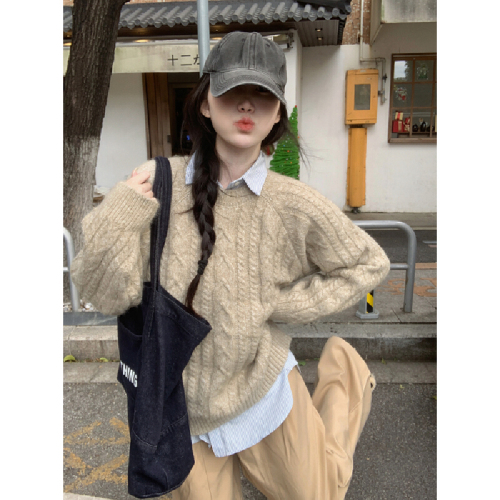 Photographed Autumn/Winter Korean Style Soft and Plump Thick Round Neck Crochet Loose Inner Layer Long Sleeve Knit Sweater