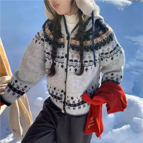 Retro Fair Isle Jacquard Hooded Sweater Jacket Women's Autumn and Winter Christmas Wear Atmosphere Knitted Cardigan Top