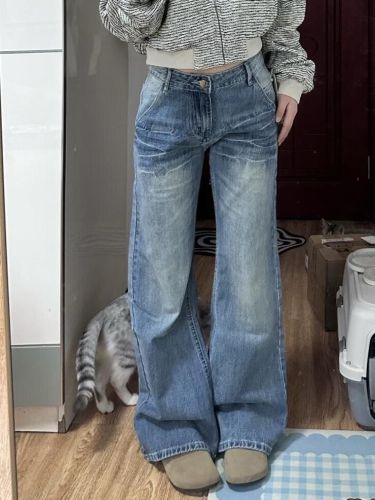 Ladies Loose Retro Denim Jeans, High Street Style, Splicing, Slimming Straight Leg Wide Pants, Trendy