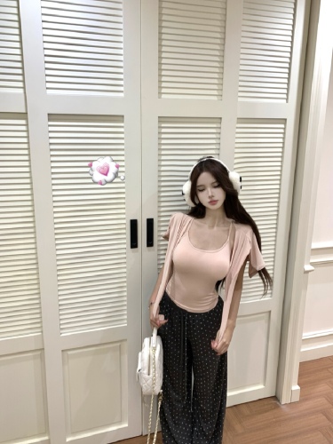 Photographed! Pure Desire Pink Chic Cardigan Tank Top Two-Piece Set for Women Lazy Loose Polka Dot Casual Pants Set Trendy