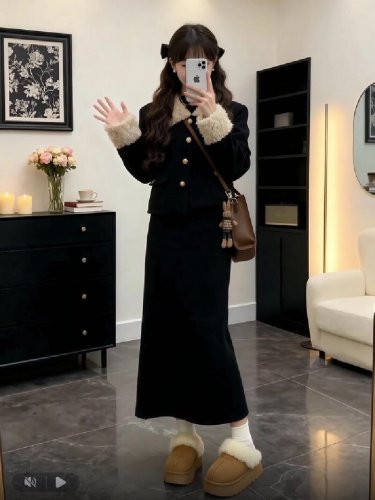 Small Fragrance Style Suit for Women—Autumn/Winter Plus-Size, Curvy Ladies—High-End Lambswool Collar Short Jacket and Skirt Two-Piece Set