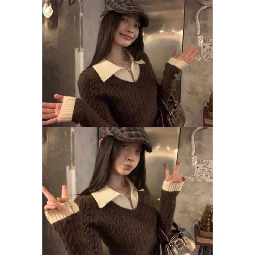 Polo-neck faux two-piece knitted sweater for women—winter inner layer, slim-fit design, spliced, short-length long-sleeved top.