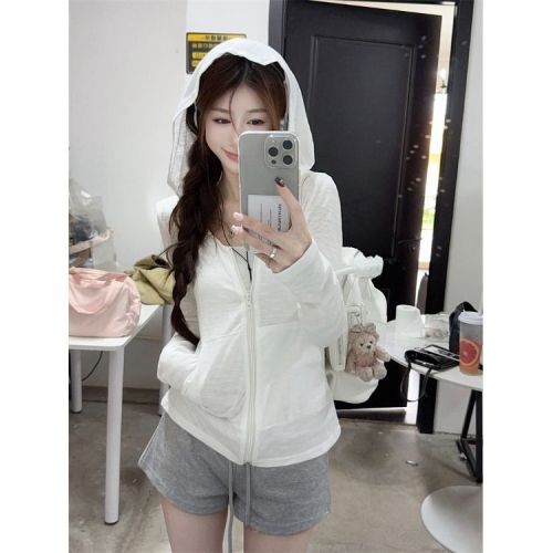 Pure Cotton Bamboo Node Hooded Long Sleeve Sun Protection Jacket for Women, Summer Fitted Thin Cardigan Casual Zip-Up Top