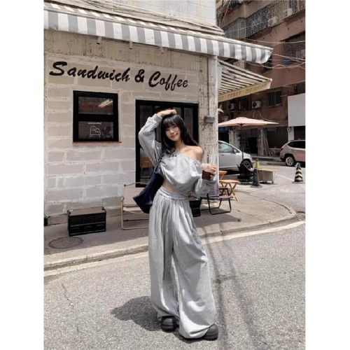 Gold Brilli Official Drawing + Original Version Quality Off-the-Shoulder Sweatshirt + Wide Leg Pants Loose Youthful Two-Piece Set