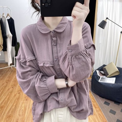 Cotton Linen Lantern Sleeve Blouse for Women 2025 Spring and Autumn Lotus Edge Long Sleeve Youthful Yuanbao Collar Top Retro Base Layer Blouse