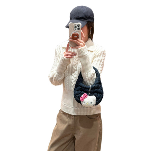 White Collared Ribbed Sweater for Women - Autumn/Winter New Design, Fitted Waist, Knit Top with Thickness