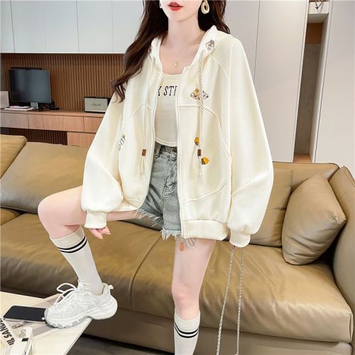 Photographed 2025 Winter Han Style Loose Cotton Blend Plush Fleece Embroidered Hooded Sweatshirt for Women