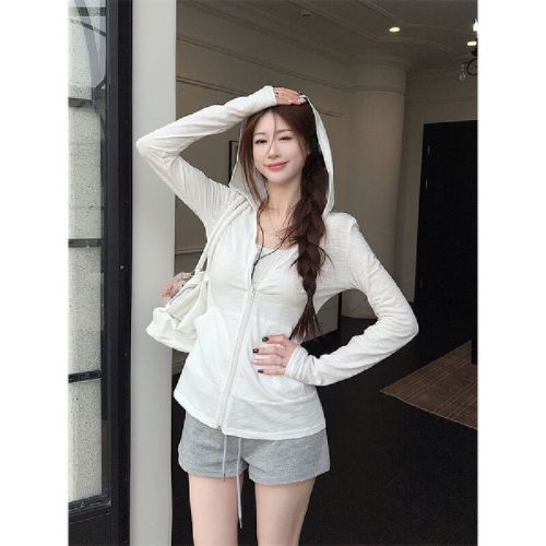 Pure Cotton Bamboo Node Hooded Long Sleeve Sun Protection Jacket for Women, Summer Fitted Thin Cardigan Casual Zip-Up Top