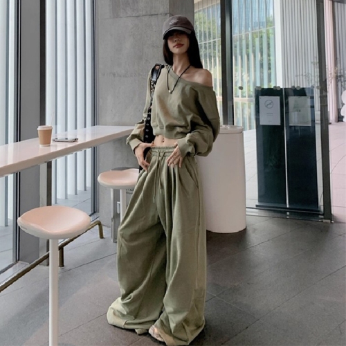Gold Brilli Official Drawing + Original Version Quality Off-the-Shoulder Sweatshirt + Wide Leg Pants Loose Youthful Two-Piece Set