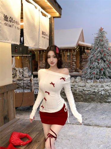 Photo-shoot! Pure desire cinched waist slimming white base top inner layer long-sleeve shoulder-revealing knitted sweater plus-size skirt set of two