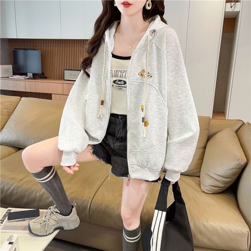 Photographed 2025 Winter Han Style Loose Cotton Blend Plush Fleece Embroidered Hooded Sweatshirt for Women