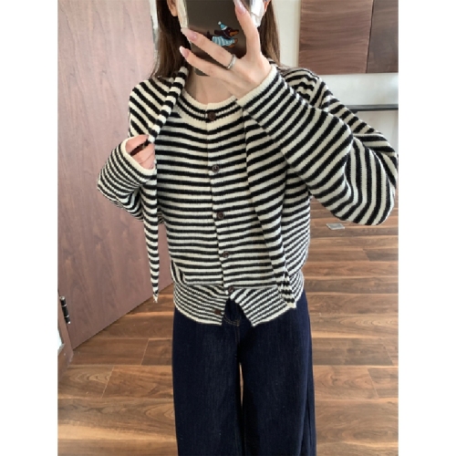 Photographed Autumn/Winter Korean Style Color Block Striped Shawl Cardigan Loose and Thick Round Neck Knit Sweater Women's Outerwear