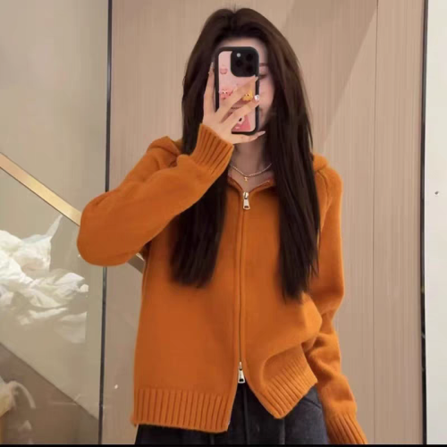 Women's Spring and Autumn New Han Style High-Grade Slouchy Loose Short Hooded Cardigan with Double Zippers