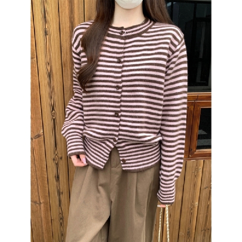 Photographed Autumn/Winter Korean Style Color Block Striped Shawl Cardigan Loose and Thick Round Neck Knit Sweater Women's Outerwear