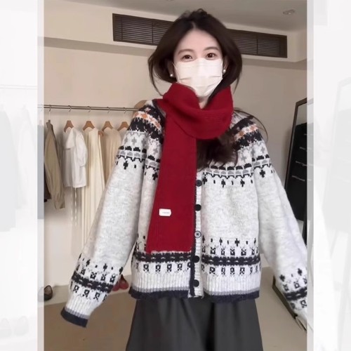 Retro Fair Isle Jacquard Hooded Sweater Jacket Women's Autumn and Winter Christmas Wear Atmosphere Knitted Cardigan Top