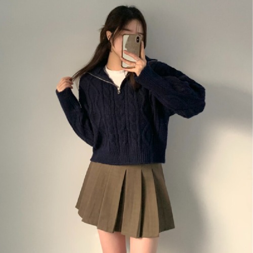 Korean-style half-length ribbed cable knit zip-up hoodie top, plain color minimalist turtleneck sweater