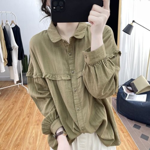 Cotton Linen Lantern Sleeve Blouse for Women 2025 Spring and Autumn Lotus Edge Long Sleeve Youthful Yuanbao Collar Top Retro Base Layer Blouse