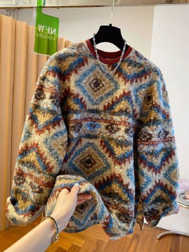 Original Large Size 300 Pounds Lamb Wool Sweatshirt for Women Loose Top Winter