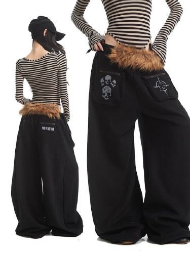 Fur-lined detachable hood with 3D pockets, zippered, fleece-lined, unisex autumn/winter relaxed-fit casual pants, wide-leg trousers.