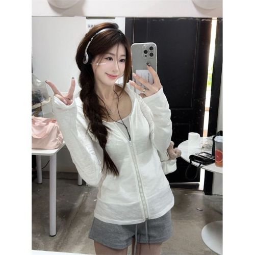 Pure Cotton Bamboo Node Hooded Long Sleeve Sun Protection Jacket for Women, Summer Fitted Thin Cardigan Casual Zip-Up Top