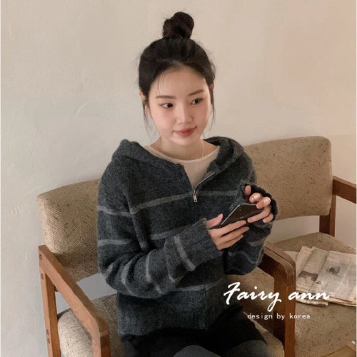 Korean autumn casual slim hooded sweater jacket for women new French lazy style loose striped knitted cardigan